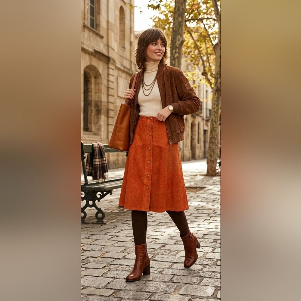 Vintage A-line Button-Front Leather Suede Skirt